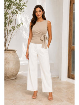 Cider - Beige Round Neck Bowknot Solid Tank Top