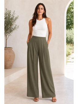 Cider - Green Elastic Waist Solid Pleated Wide Leg Trouser