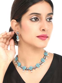 Yellow Chimes - Silver Oxidised Traditional Studded Blue Stones Floral Choker Necklace Set