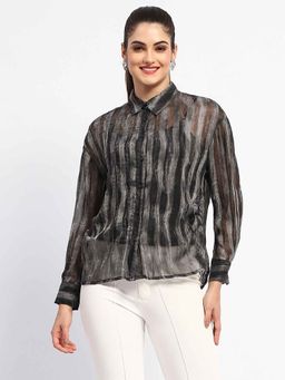 Madame - Striped Shirt Collar Black Shirt