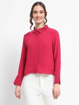 Madame - Embellished Button Down Solid Hot Pink Shirt