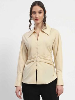 Madame - Women's Solid Beige Cotton Shirt