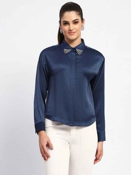 Madame - Embellished Collar Solid Teal Shirt