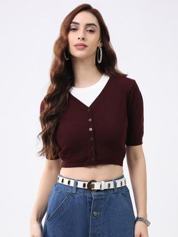 Monte Carlo - Women V-Neck Half Sleeves Cardigan - Wine