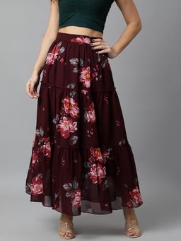 Deebaco - Maroon Printed Tiered Maxi Skirt