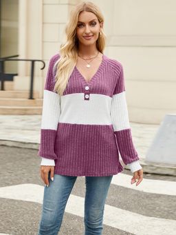 Outzidr - Purple Full Sleeves Color Block V-Neck Sweater