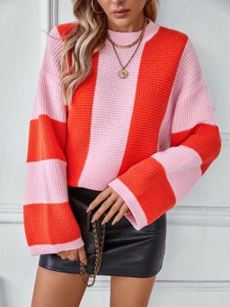 Outzidr - Orange Full Sleeves Colour Blocked Sweater