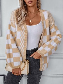 Outzidr - Beige Full Sleeves Checkered Cardigan