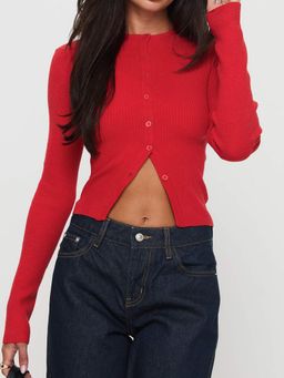 Outzidr - Red Button Down Cardigan With V Notch