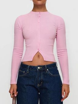 Outzidr - Pink Button Down Cardigan With V Notch