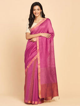 Fabindia - Pink Cotton Silk Hand Woven Saree Without Blouse
