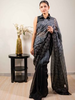 October - Black Smoke Clouds Real Silver Organza Saree with Unstitched Blouse