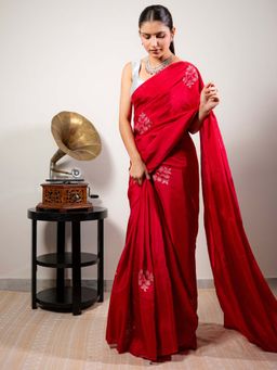 October - Red Crimson Real Silver Silk Saree with Unstitched Blouse