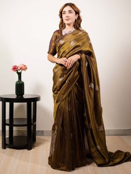 October - Brown Caramel Gold Real Saree In Tissue Silk with Unstitched Blouse