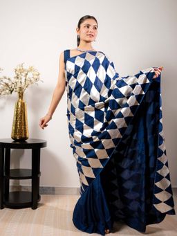 October - Blue Barfi Tukda Real Silk Saree with Unstitched Blouse