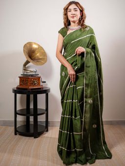 October - Olive Sage Stripe Real Silk Saree with Unstitched Blouse