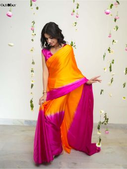 October - Multi-Colour Mimosa Organic Satin Saree with Unstitched Blouse