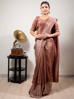October - Brown Cinnamon Real Silver Saree In Tissue Silk with Unstitched Blouse