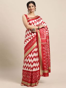 Odette - Womens Dola Silk White Printed Designer Saree with Unstitched Blouse