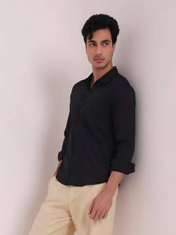 BLNK - Men Solid Black Premium Linen-Blend Shirt