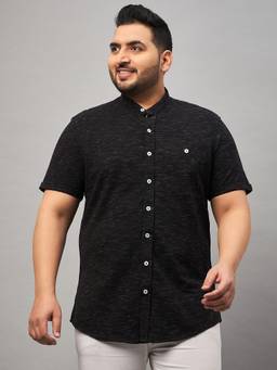 Club York - Black Men Plus Size Mandarin Collar Cotton Casual Shirt