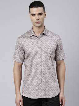 Classic Polo - Men Half Sleeve Mauve Collar Neck Slim Fit Printed Cotton Casual Shirt
