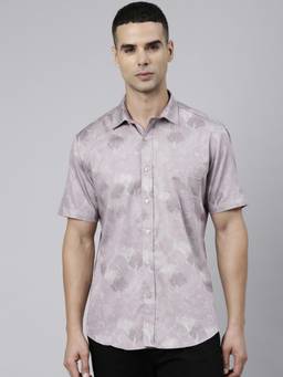 Classic Polo - Men Half Sleeve Mauve Collar Neck Slim Fit Printed Cotton Casual Shirt