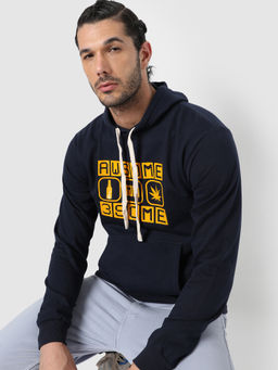 Campus Sutra - Mens Navy Blue Awesome-Threesome Print Pullover Hoodie