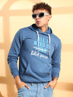 Campus Sutra - Mens Steel Blue All-I-Need Print Pullover Hoodie