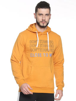 Campus Sutra - Mens Mustard Yellow Don't-Stand-Close Print Pullover Hoodie