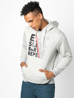 Campus Sutra - Mens Light Grey Eat-Sleep-Repeat Print Pullover Hoodie