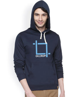Campus Sutra - Mens Navy Blue Oh-Crop Print Pullover Hoodie