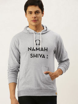 Campus Sutra - Mens Light Grey Namah-Shiva Print Pullover Hoodie