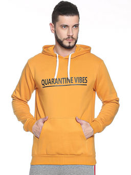 Campus Sutra - Mens Mustard Yellow Quarantine-Vibes Print Pullover Hoodie