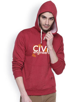 Campus Sutra - Mens Rose Red Civil-Engineering Print Pullover Hoodie