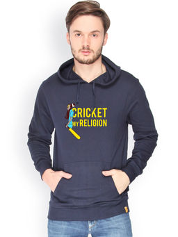 Campus Sutra - Mens Navy Blue Cricket-Religion Print Pullover Hoodie