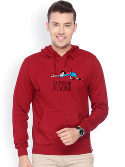 Campus Sutra - Mens Rose Red Fly-Around-The-World Print Pullover Hoodie