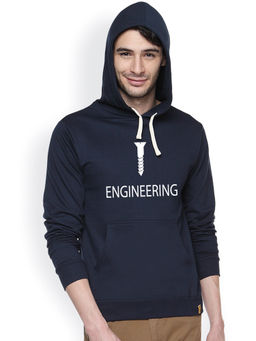 Campus Sutra - Mens Navy Blue Screw-Engineering Print Pullover Hoodie