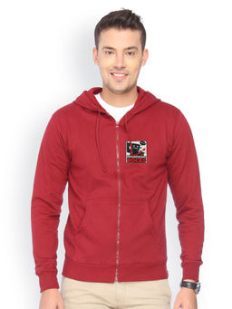 Campus Sutra - Mens Rose Red Engineering-Rocks Applique Zip-Front Jacket