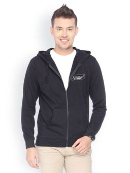 Campus Sutra - Mens Onyx Black Science-Rocks Applique Zip-Front Jacket