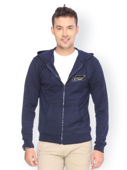 Campus Sutra - Mens Navy Blue Science-Rocks Applique Zip-Front Jacket