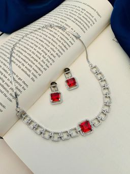 Abdesigns - Silver-Plated Emerald American Diamond Necklace Set - Red