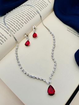 Abdesigns - Silver-Plated Yellow American Diamond Necklace Set - Red