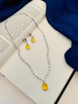 Abdesigns - Silver-Plated Blue American Diamond Necklace Set - Yellow