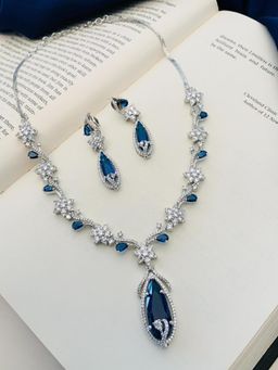 Abdesigns - Enchanting Silver Plated American Diamond Necklace Set - Blue