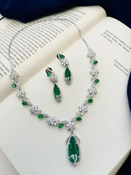 Abdesigns - Stunning Silver Plated American Diamond Necklace Set - Green