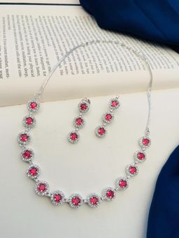 Abdesigns - Enchanting Silver Plated American Diamond Necklace Set - Red