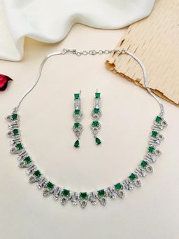 Abdesigns - Sophisticated Silver Plated American Diamond Necklace Set - Green