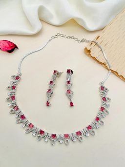 Abdesigns - Enchanting Silver Plated American Diamond Necklace Set - Red
