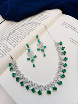 Abdesigns - Sophisticated Silver Plated American Diamond Necklace Set - Green